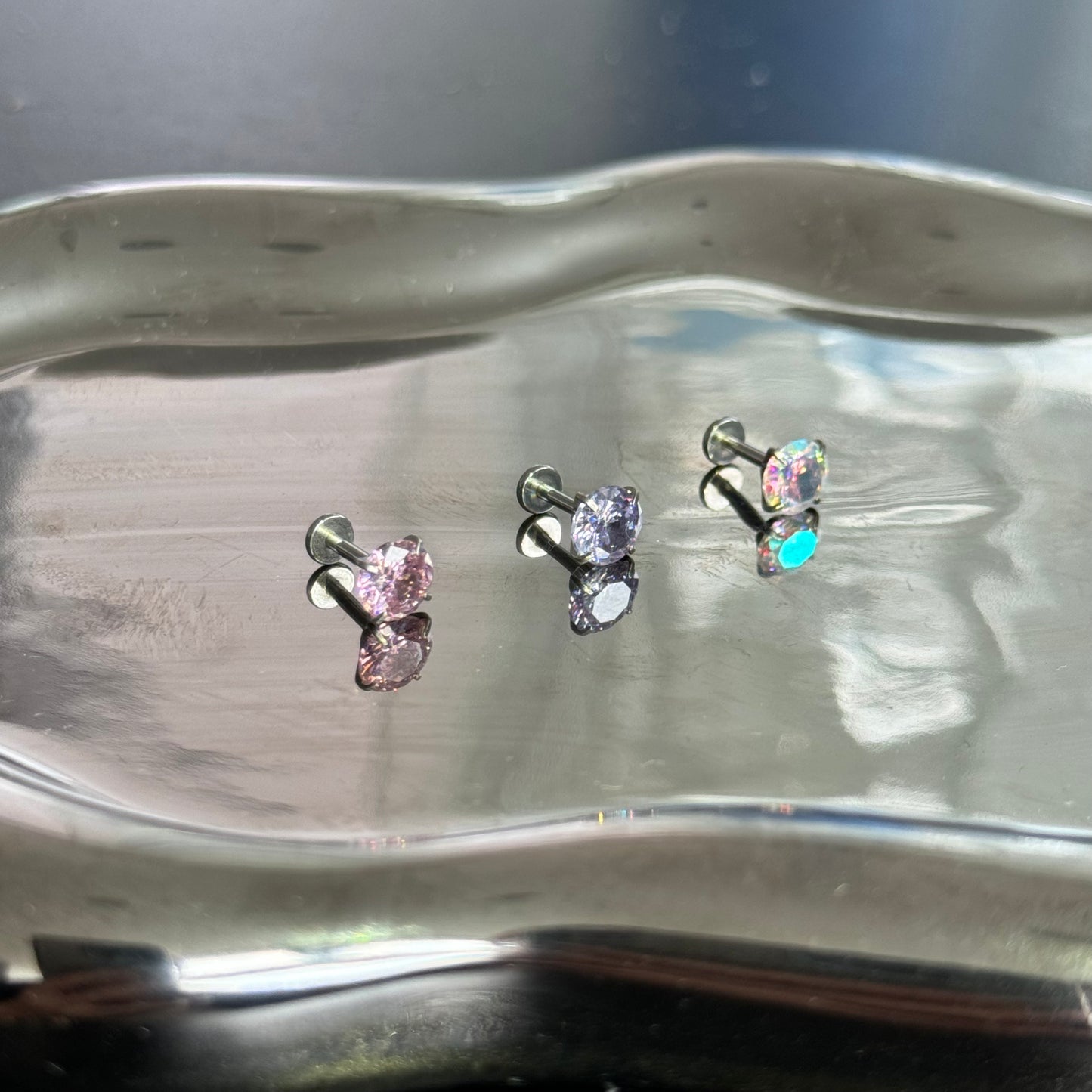 6mm Diamond Colorful Pink Purple White Single Helix Earring Crystal Silver Titanium steel flat back stud internally threaded