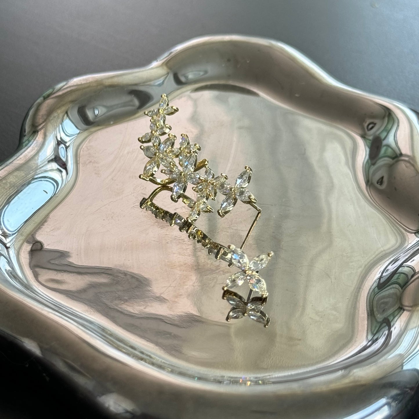 Gold Flower Leaf Ear Climber Diamond Earring Set Gold Right With Stud
