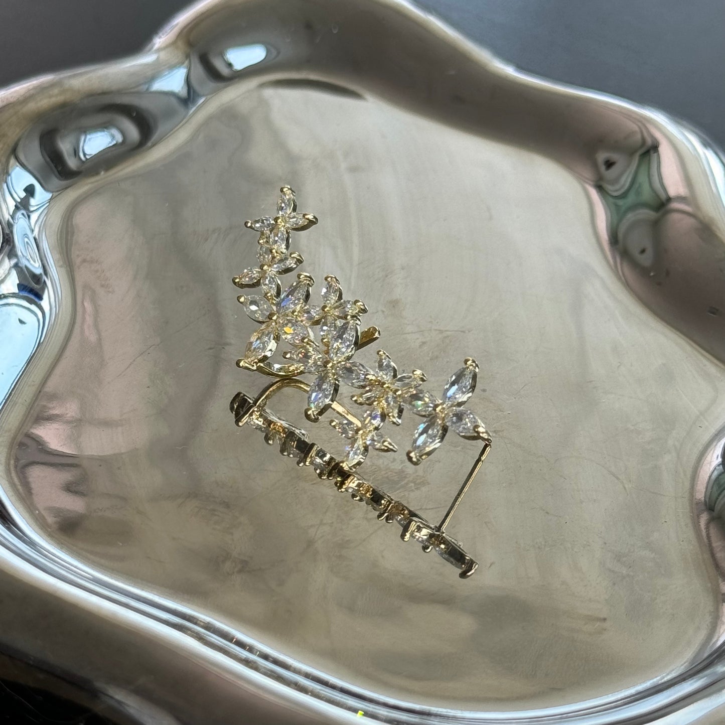 Gold Flower Leaf Ear Climber Diamond Earring Set Gold Right With Stud
