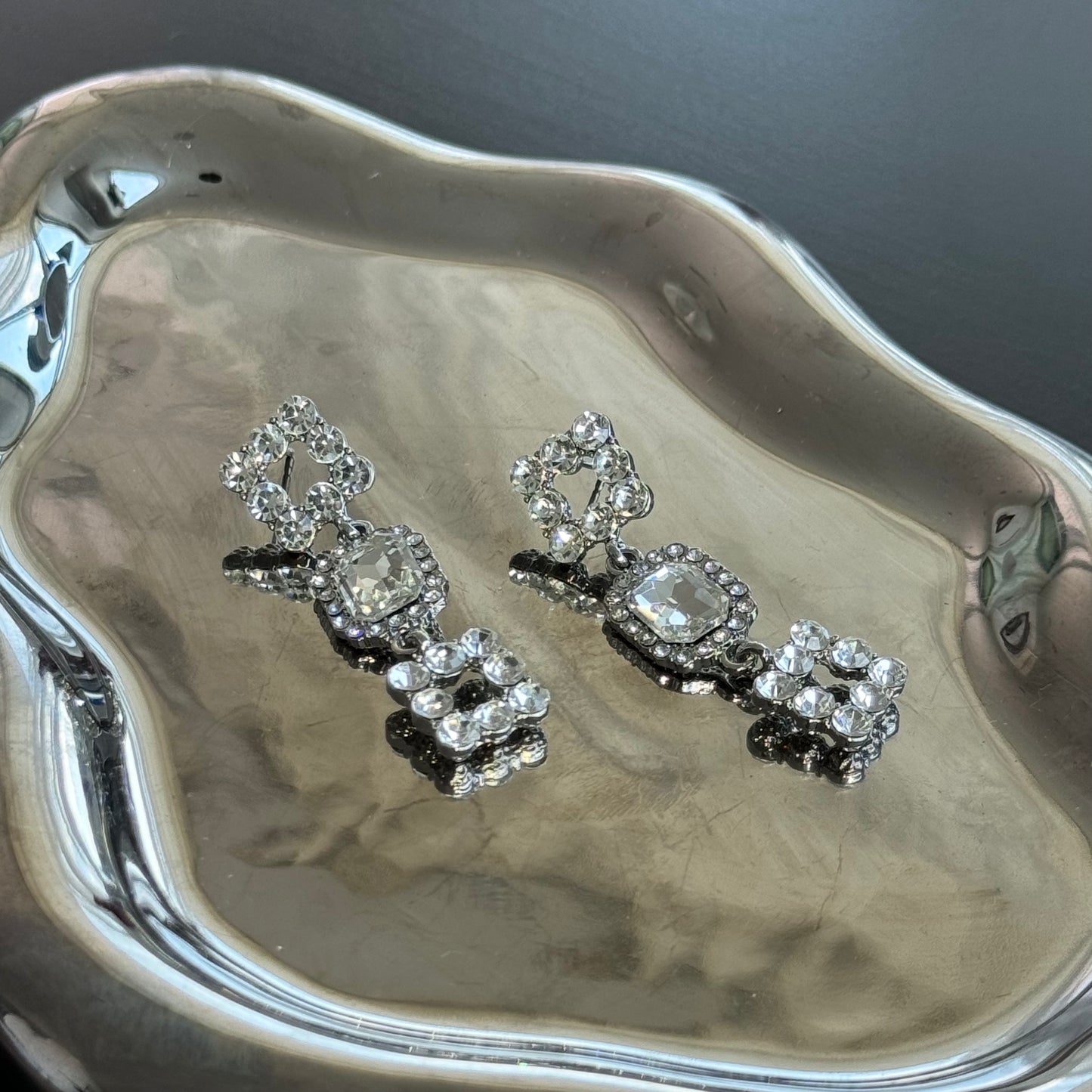 Geometric Square Rectangle Diamond Pendant Tassel Earrings Silver S925