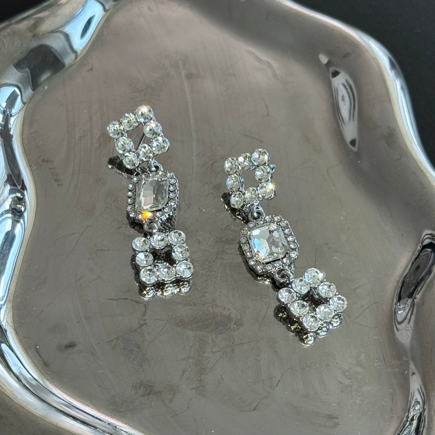 Geometric Square Rectangle Diamond Pendant Tassel Earrings Silver S925