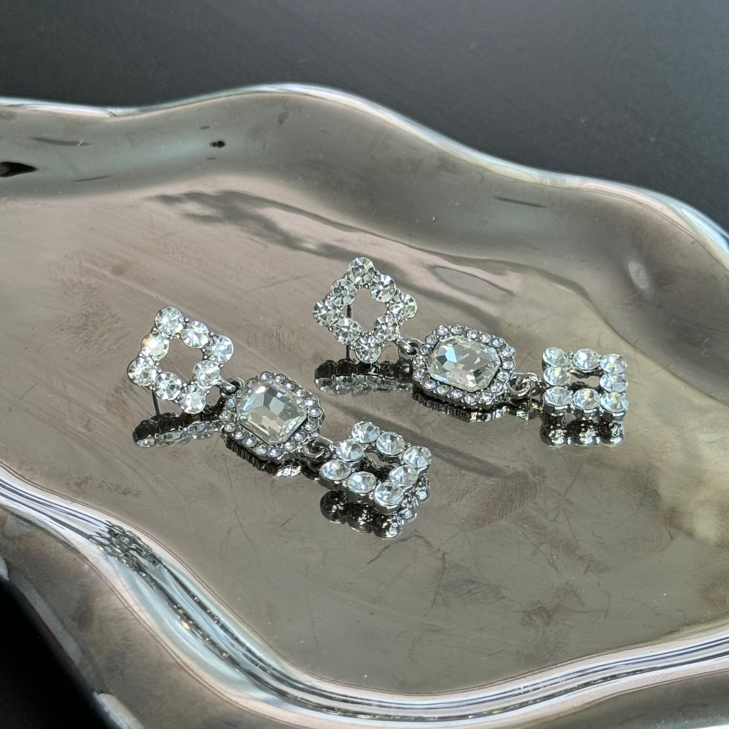 Geometric Square Rectangle Diamond Pendant Tassel Earrings Silver S925