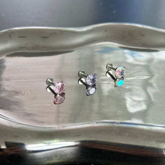 6mm Diamond Colorful Pink Purple White Single Helix Earring Crystal Silver Titanium steel flat back stud internally threaded
