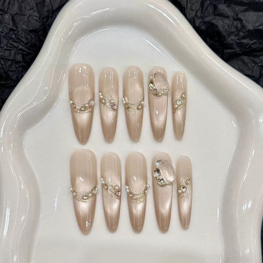 Diamond crystal wearable nails Gentle nude pink Pointed round