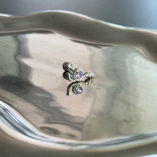 Purple Diamond Snake Helix Earring Crystal Silver Titanium steel flat back stud outer threaded