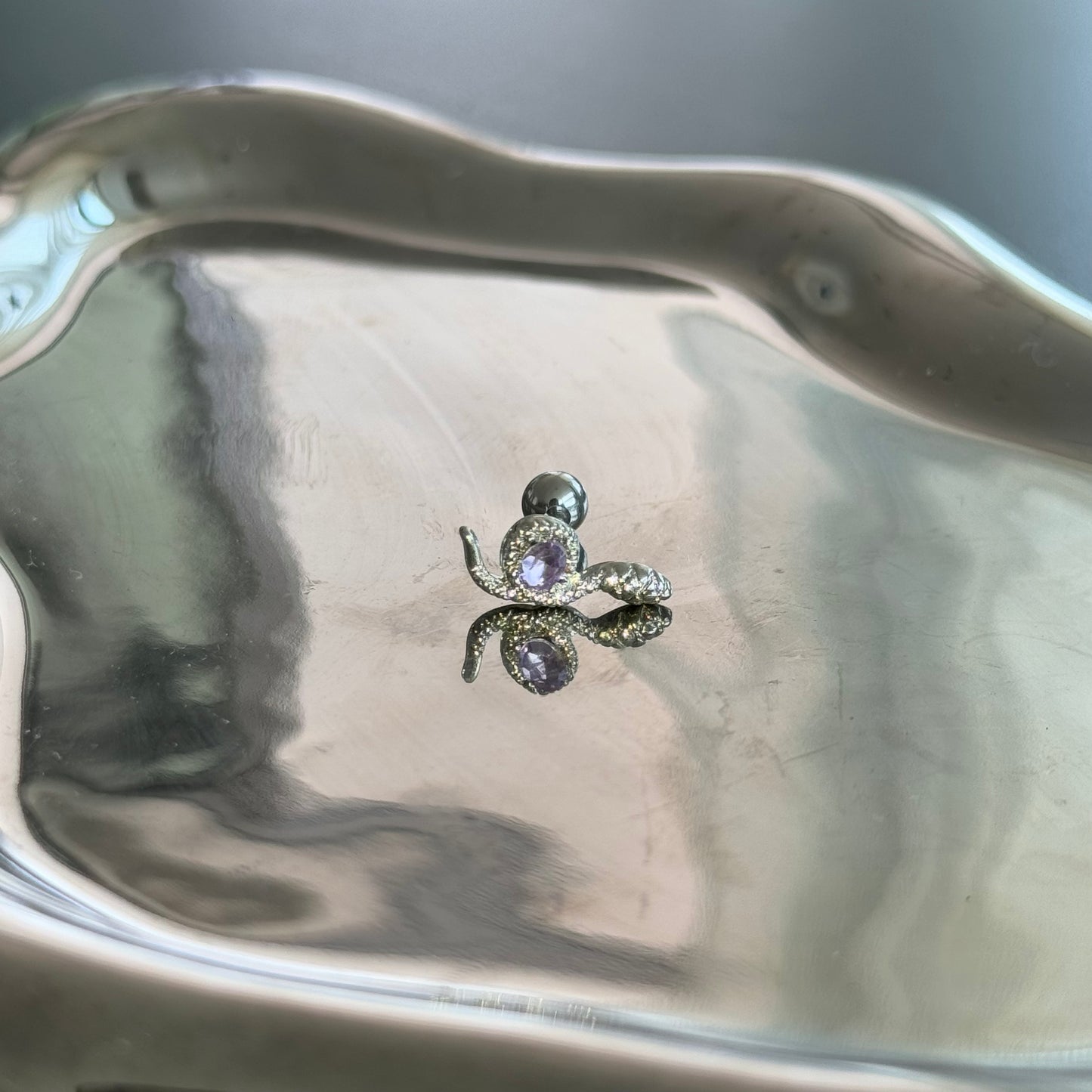 Purple Diamond Snake Helix Earring Crystal Silver Titanium steel flat back stud outer threaded