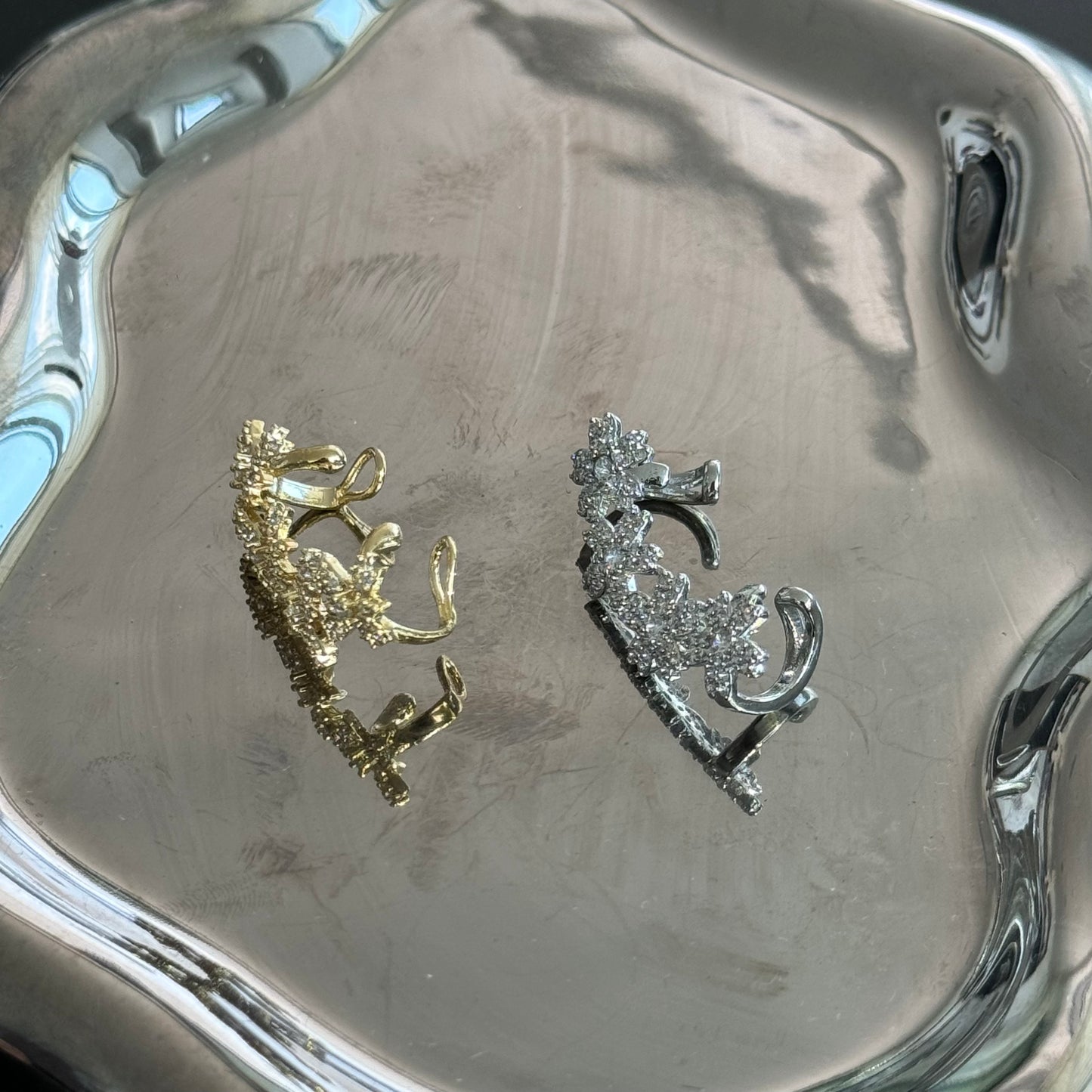 Gold Silver Flower Leaf Full Diamond Ear Clip Helix Clip Ear Cuff Titanium steel