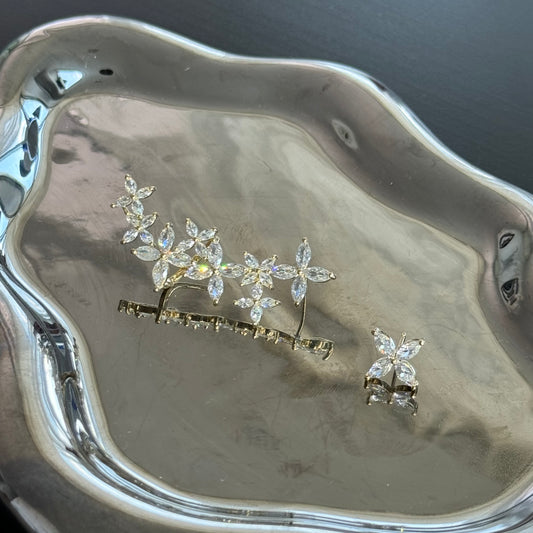 Gold Flower Leaf Ear Climber Diamond Earring Set Gold Right With Stud