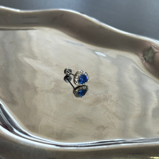 Blue Heart Love Full Diamond outer side round Helix Earring  Single silver/titanium steel flat back stud outer threaded
