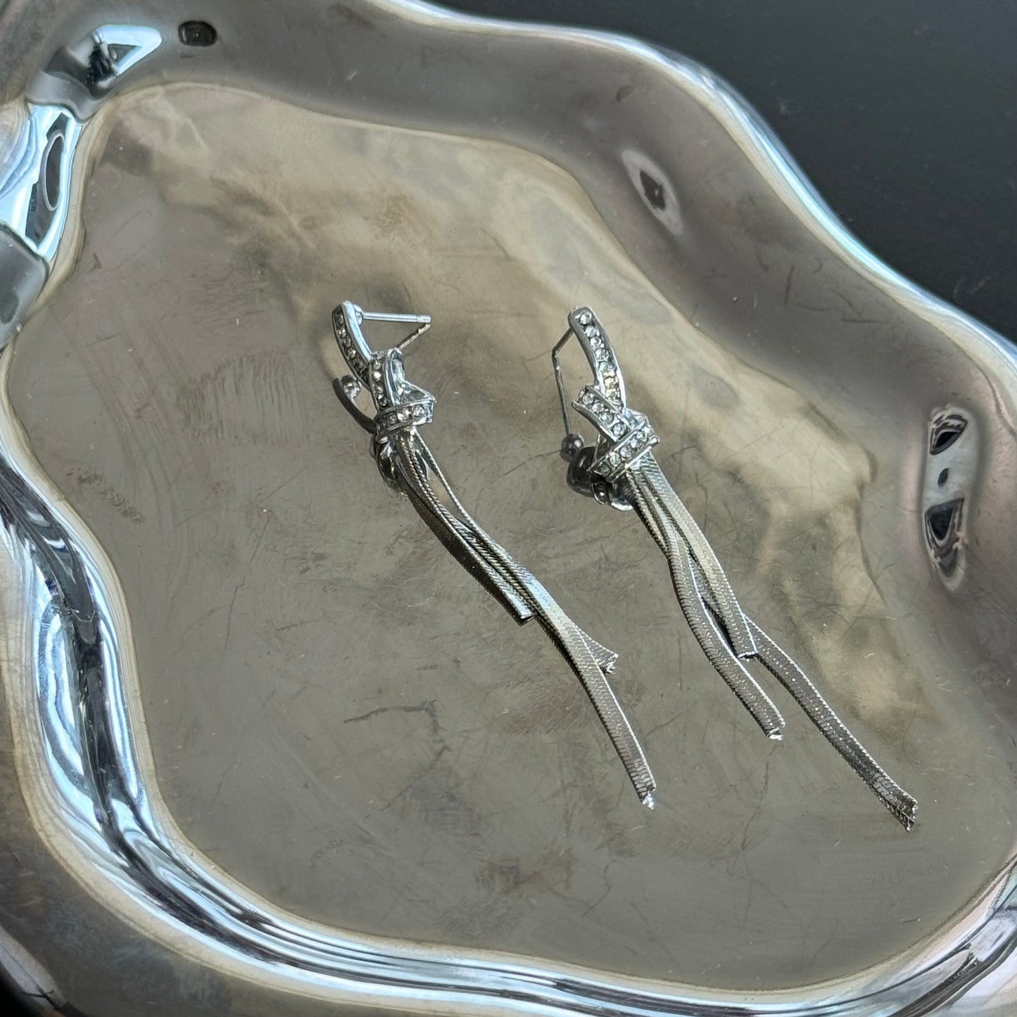 Diamond knot Long Tassel Silver Earring