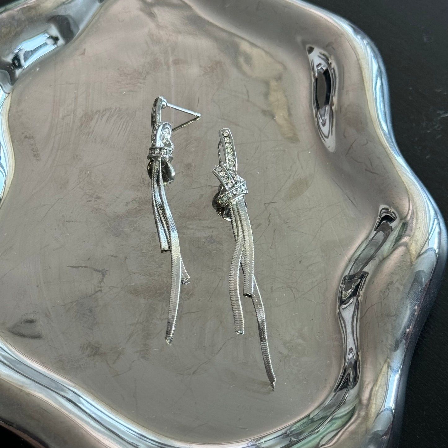 Diamond knot Long Tassel Silver Earring