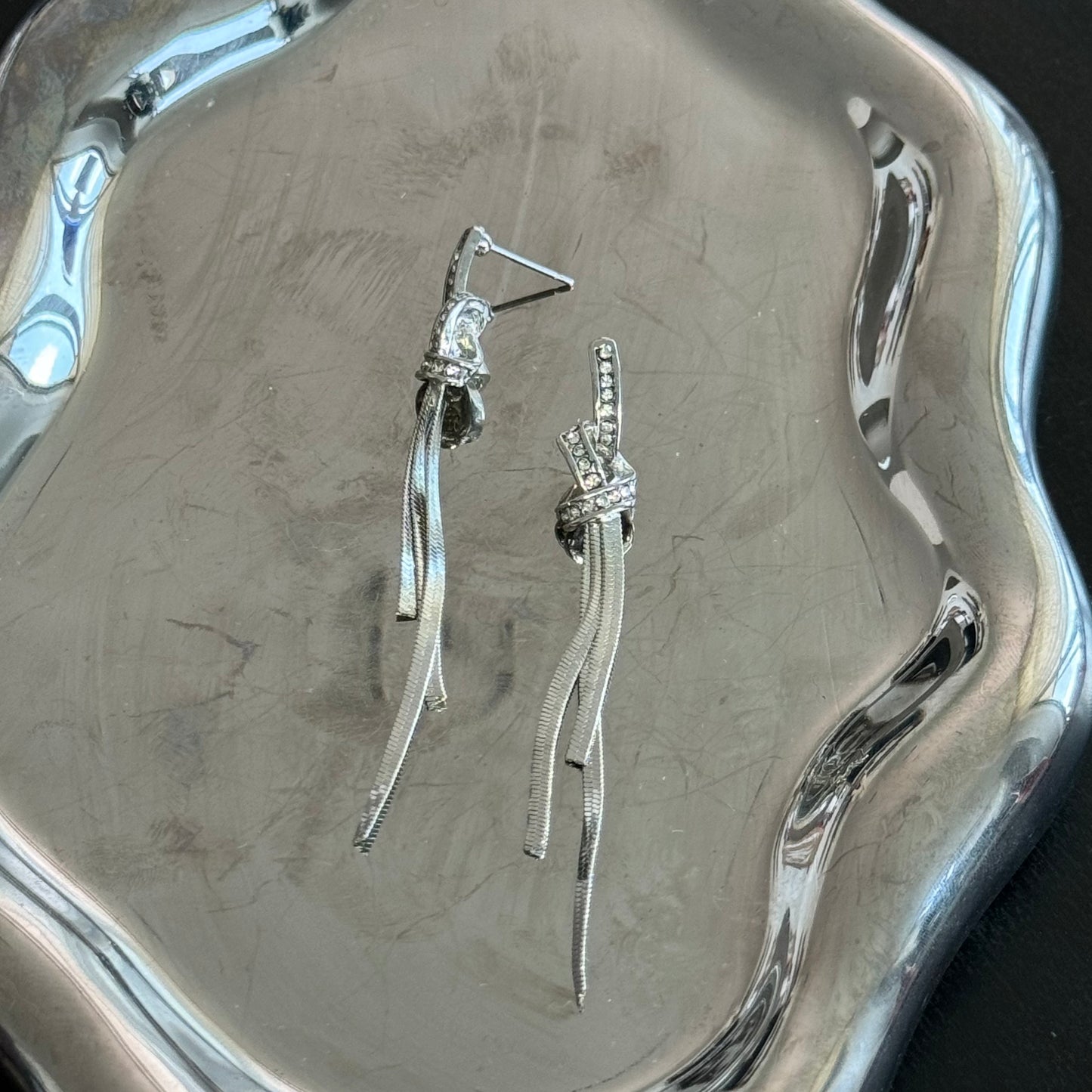 Diamond knot Long Tassel Silver Earring