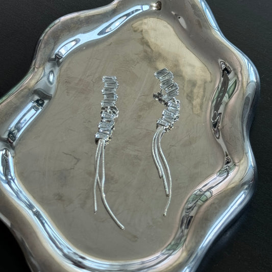 Rectangular Stacked Diamond Drop Tassel Silver Earrings
